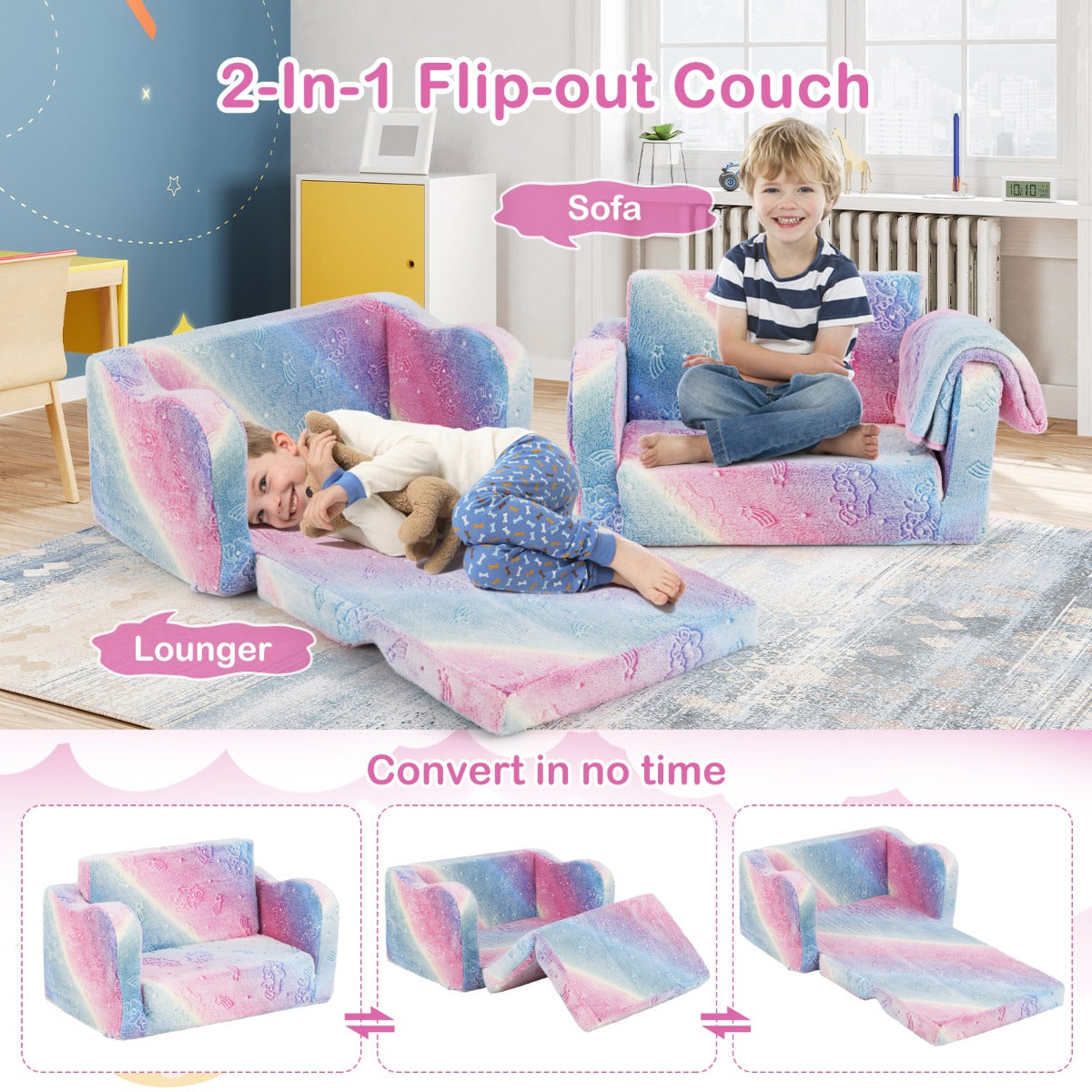 LIVSK Slaapbank met Deken - Omvormbaar tot Chaise Longue - Flanellen Stof - Glow-in-the-Dark - Geschikt voor Kinderen -