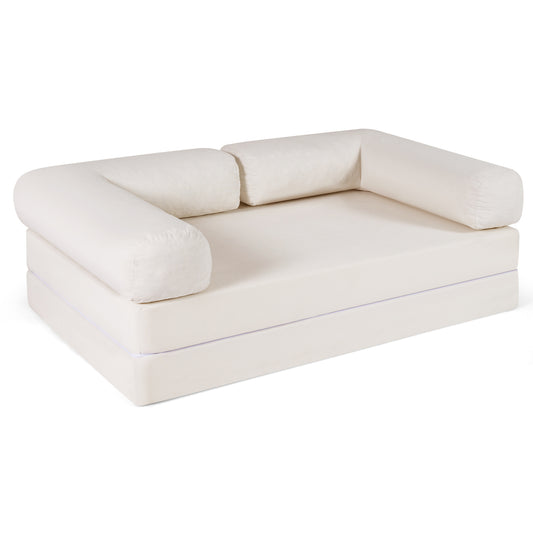LIVSK Slaapbank - Transformeerbaar van 2-zits naar Bed - Zachte Cordstof - Afneembare Armleuningen - Beige
