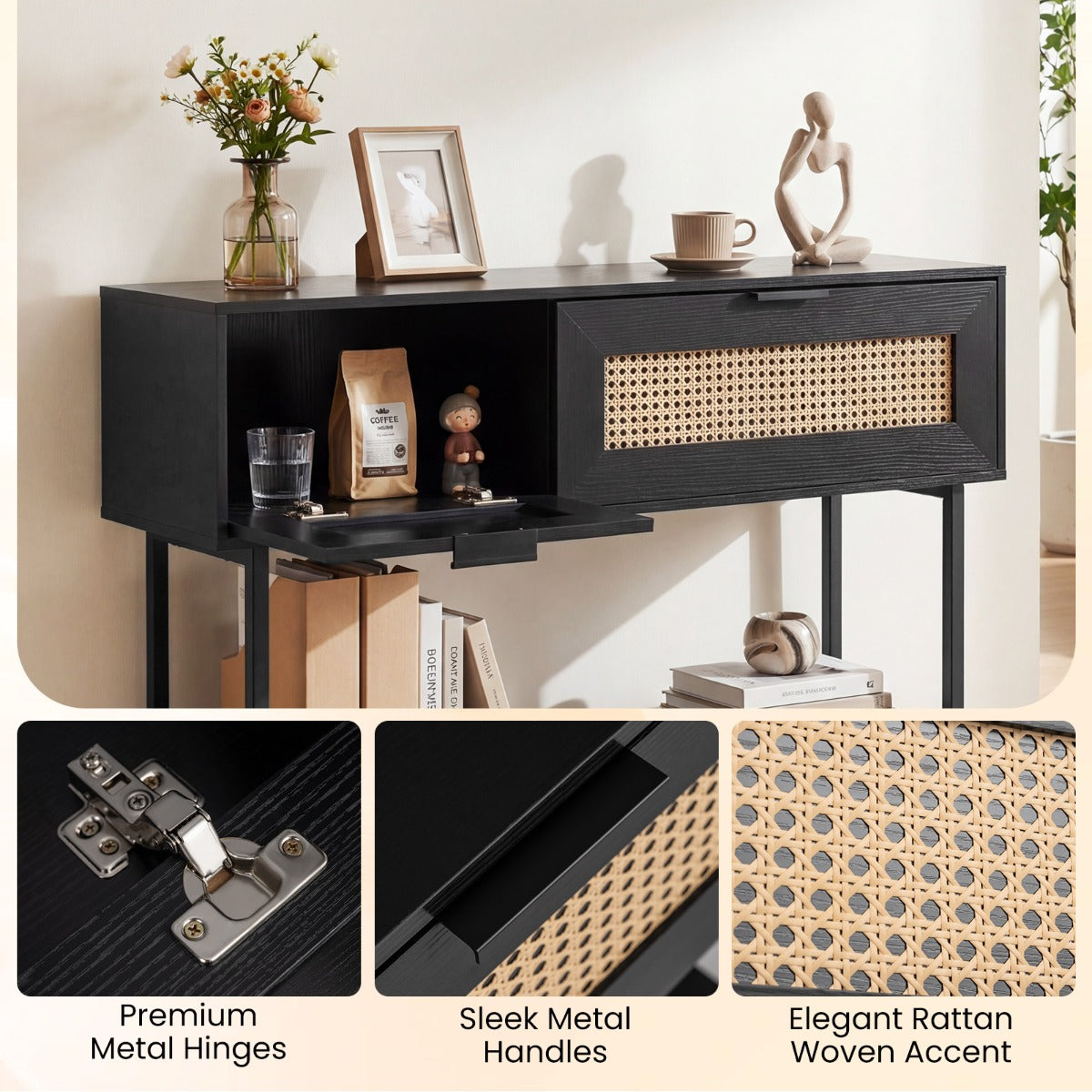 LIVSK Smalle Consoletafel - Houtcomposiet - Verstelbare Voetjes - Metalen Scharnieren - Veel Opbergruimte - Zwart & Naturel