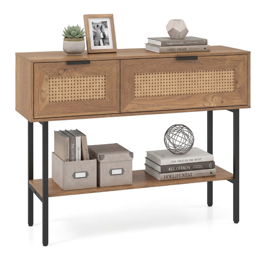 LIVSK Smalle Consoletafel - Houtcomposiet - Verstelbare Voetjes - Veel Opbergruimte - Elegant Design - Zwart & Naturel