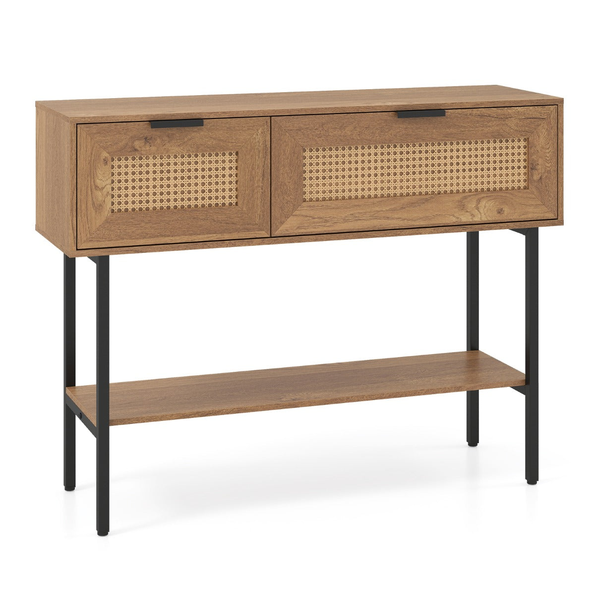 LIVSK Smalle Consoletafel - Houtcomposiet - Verstelbare Voetjes - Veel Opbergruimte - Elegant Design - Zwart & Naturel