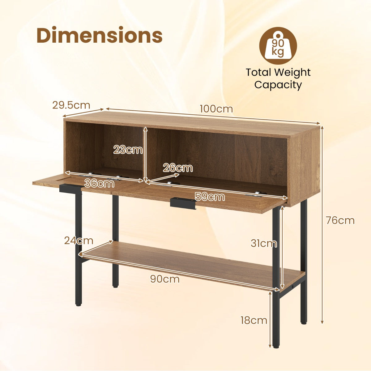 LIVSK Smalle Consoletafel - Houtcomposiet - Verstelbare Voetjes - Veel Opbergruimte - Elegant Design - Zwart & Naturel