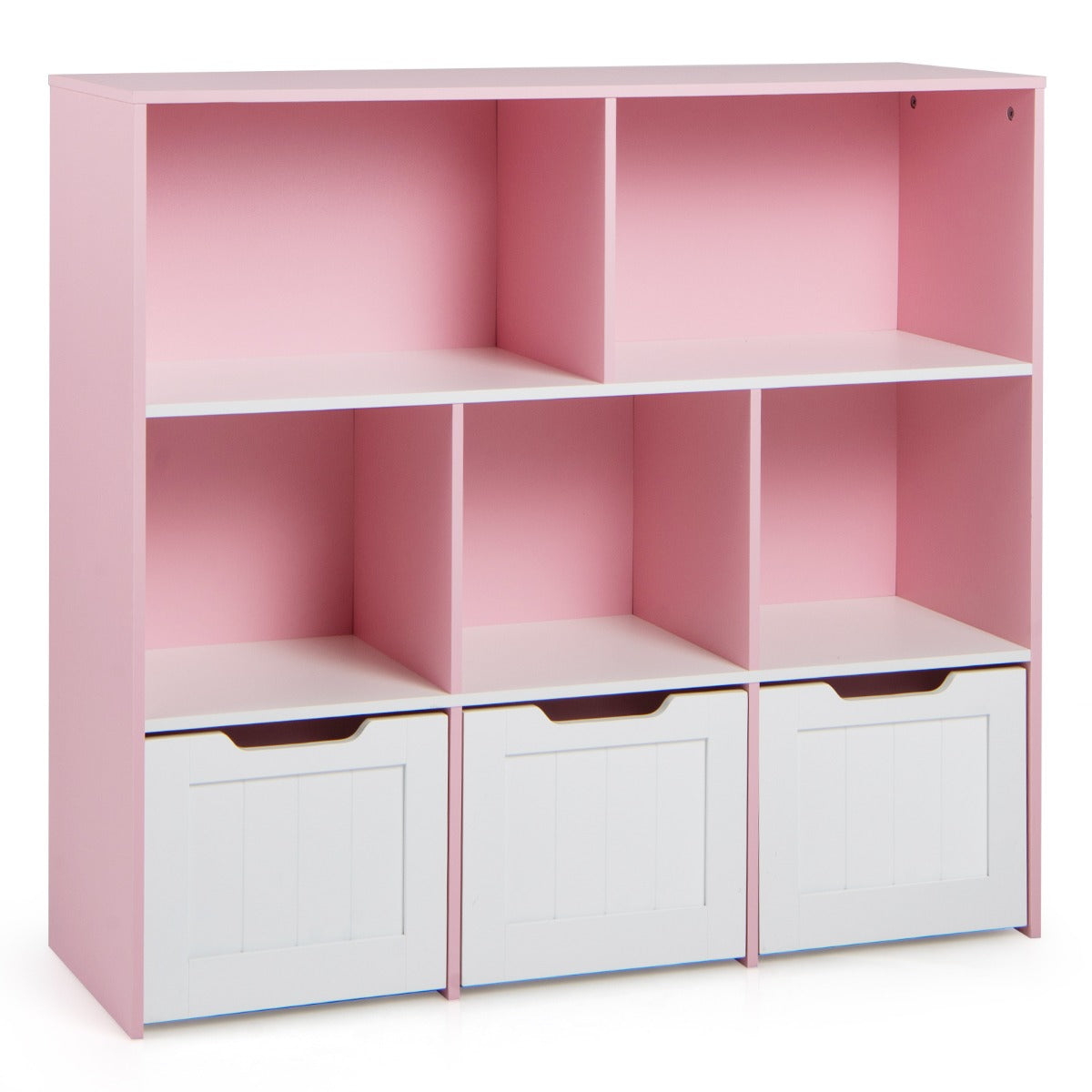 LIVSK Speelgoedkast - Robuuste MDF Constructie - 5 Open Vakken - 3 Uittrekbare Lades - Kindvriendelijk Ontwerp - Wit + Roze