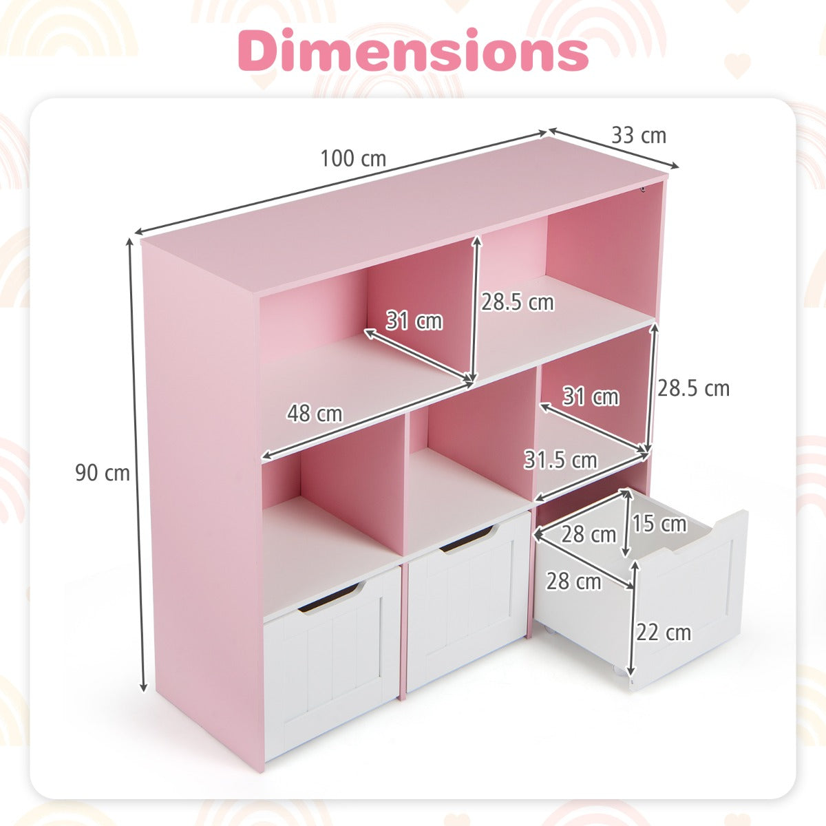LIVSK Speelgoedkast - Robuuste MDF Constructie - 5 Open Vakken - 3 Uittrekbare Lades - Kindvriendelijk Ontwerp - Wit + Roze