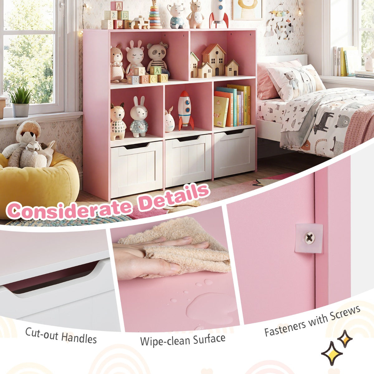 LIVSK Speelgoedkast - Robuuste MDF Constructie - 5 Open Vakken - 3 Uittrekbare Lades - Kindvriendelijk Ontwerp - Wit + Roze