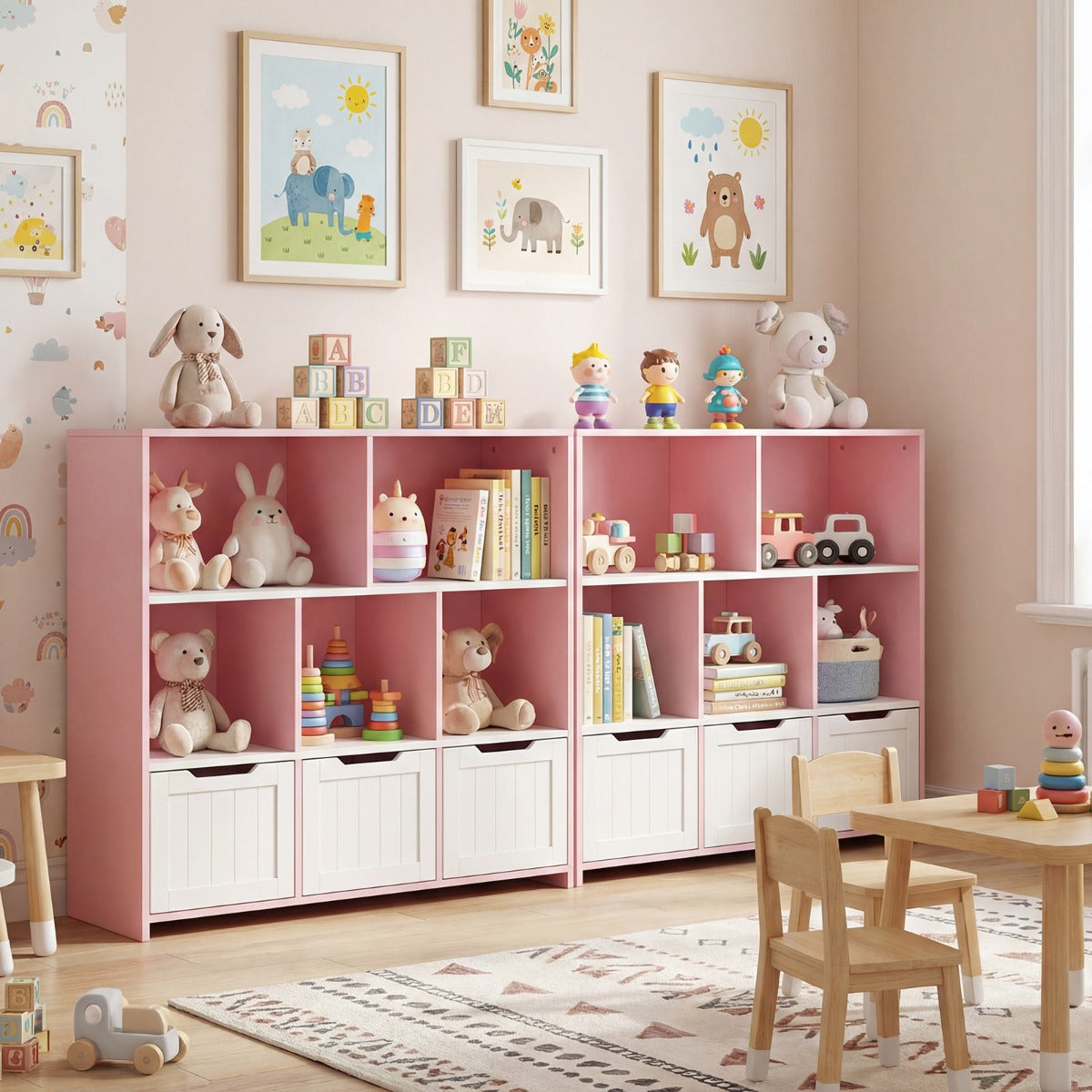 LIVSK Speelgoedkast - Robuuste MDF Constructie - 5 Open Vakken - 3 Uittrekbare Lades - Kindvriendelijk Ontwerp - Wit + Roze