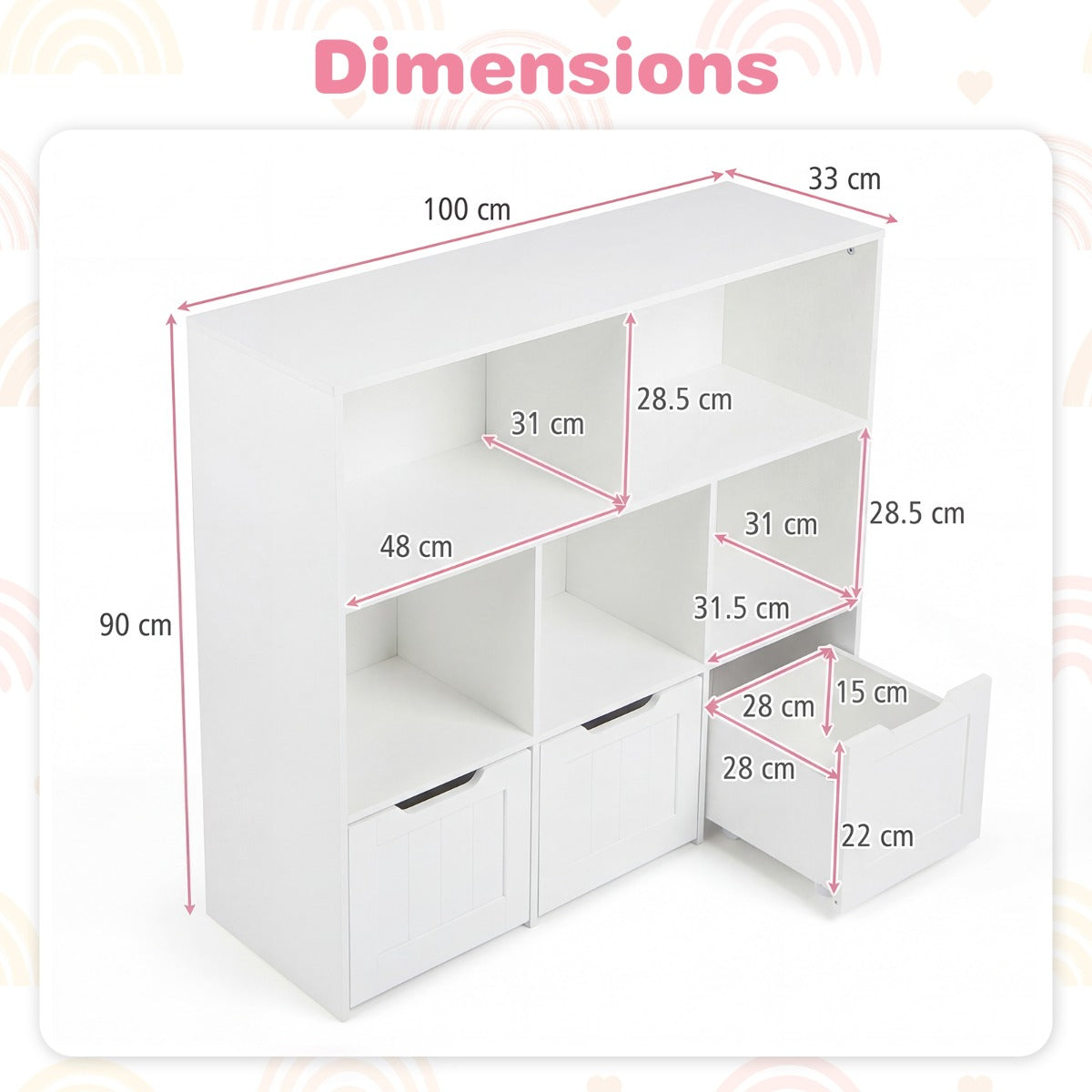 LIVSK Speelgoedkast - Ruime Opbergruimte - 5 Open Vakken - 3 Uittrekbare Lades - Kindvriendelijk Ontwerp - Wit/Roze