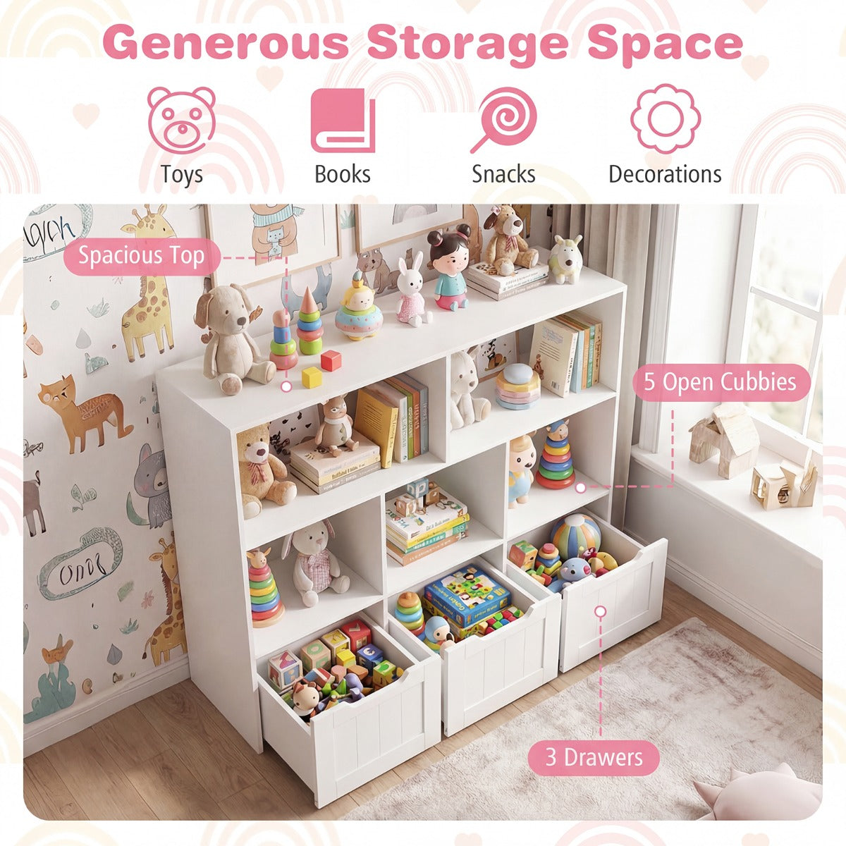 LIVSK Speelgoedkast - Ruime Opbergruimte - 5 Open Vakken - 3 Uittrekbare Lades - Kindvriendelijk Ontwerp - Wit/Roze