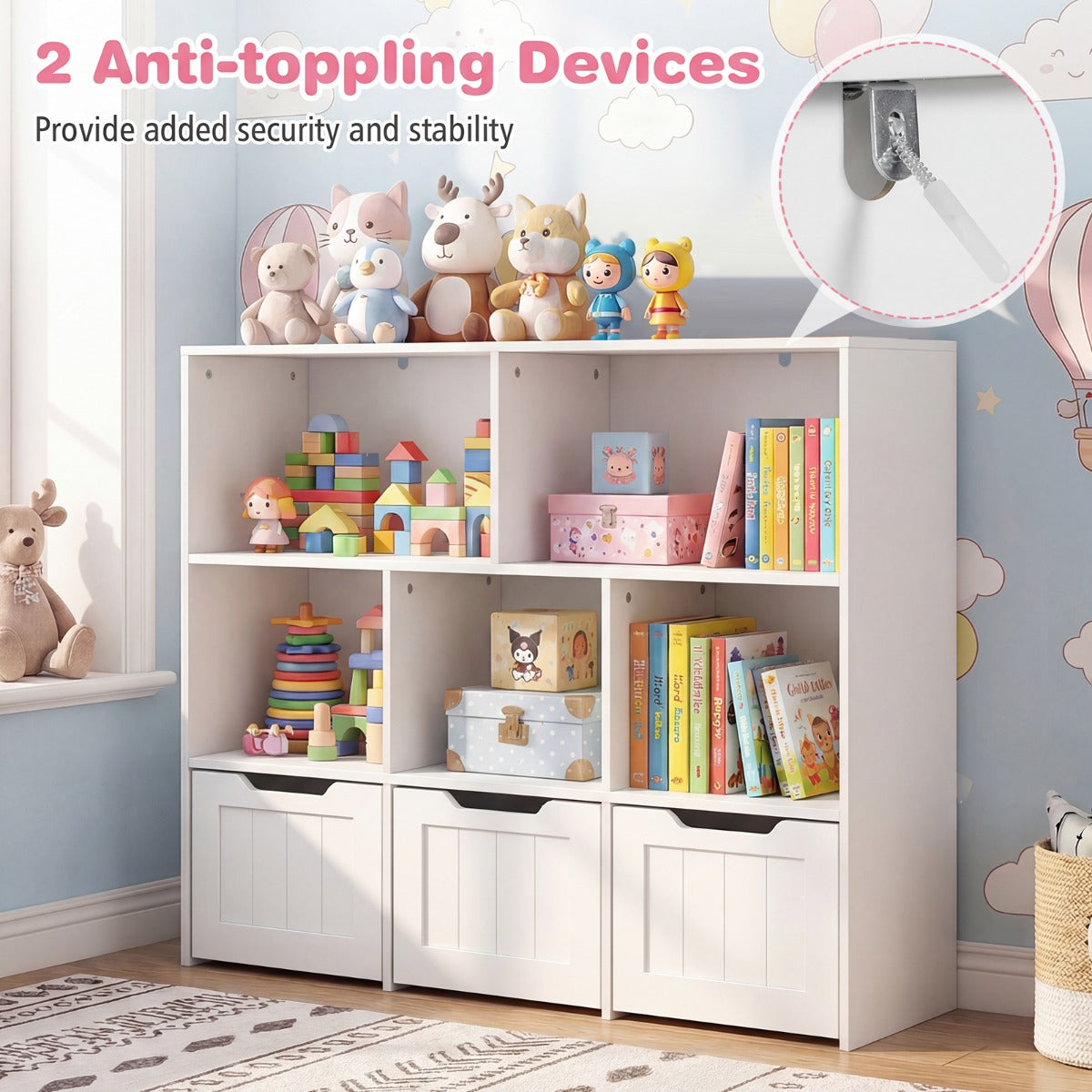 LIVSK Speelgoedkast - Ruime Opbergruimte - 5 Open Vakken - 3 Uittrekbare Lades - Kindvriendelijk Ontwerp - Wit/Roze
