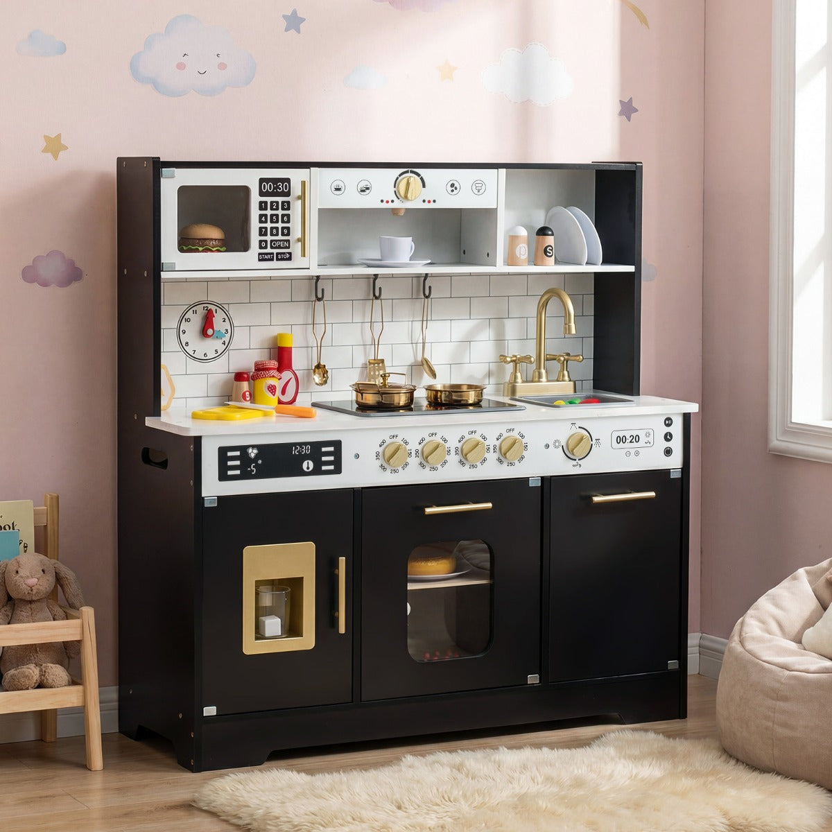 LIVSK Speelkeuken - Met Licht en Geluid - Inclusief Accessoires - Ruim Werkblad - Voor Kinderen Vanaf 3 Jaar - Zwart/Wit