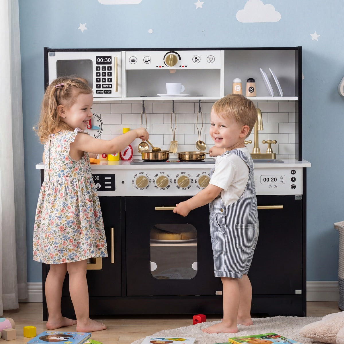 LIVSK Speelkeuken - Met Licht en Geluid - Inclusief Accessoires - Ruim Werkblad - Voor Kinderen Vanaf 3 Jaar - Zwart/Wit