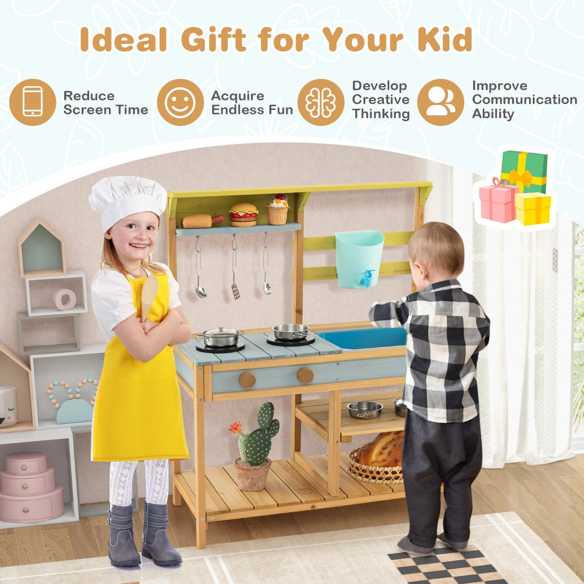 LIVSK Speelkeuken voor Kinderen - Massief Dennenhout - Echte Waterstroom - Verstelbare Knoppen - Creatief Spel - Natuur + Blauw +