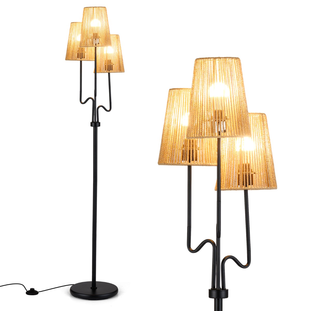 LIVSK Staande Lamp - 175 cm Hoog - Gevlochten Papier Lampenkappen - Zware Metalen Voet - Voetschakelaar - Zwart