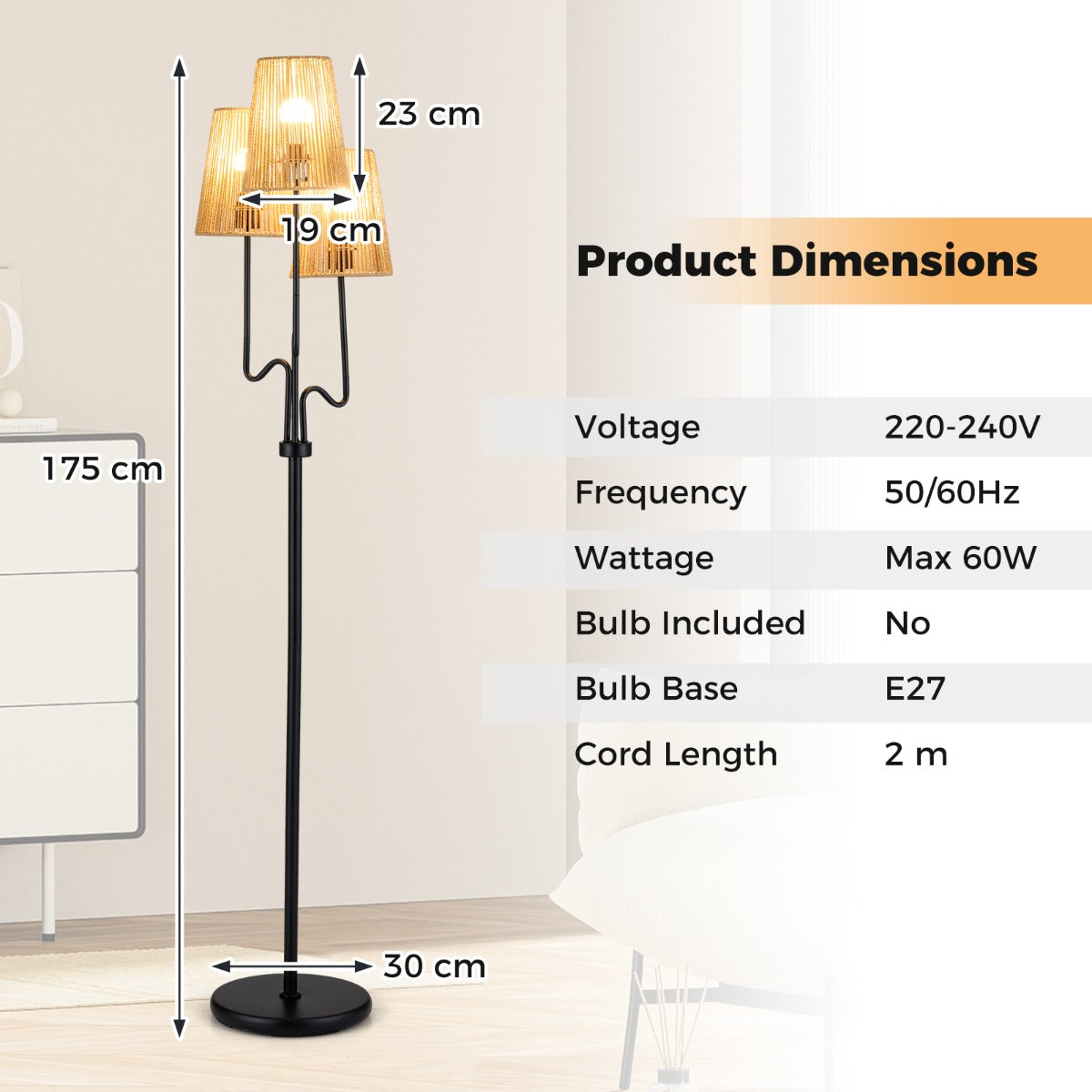 LIVSK Staande Lamp - 175 cm Hoog - Gevlochten Papier Lampenkappen - Zware Metalen Voet - Voetschakelaar - Zwart