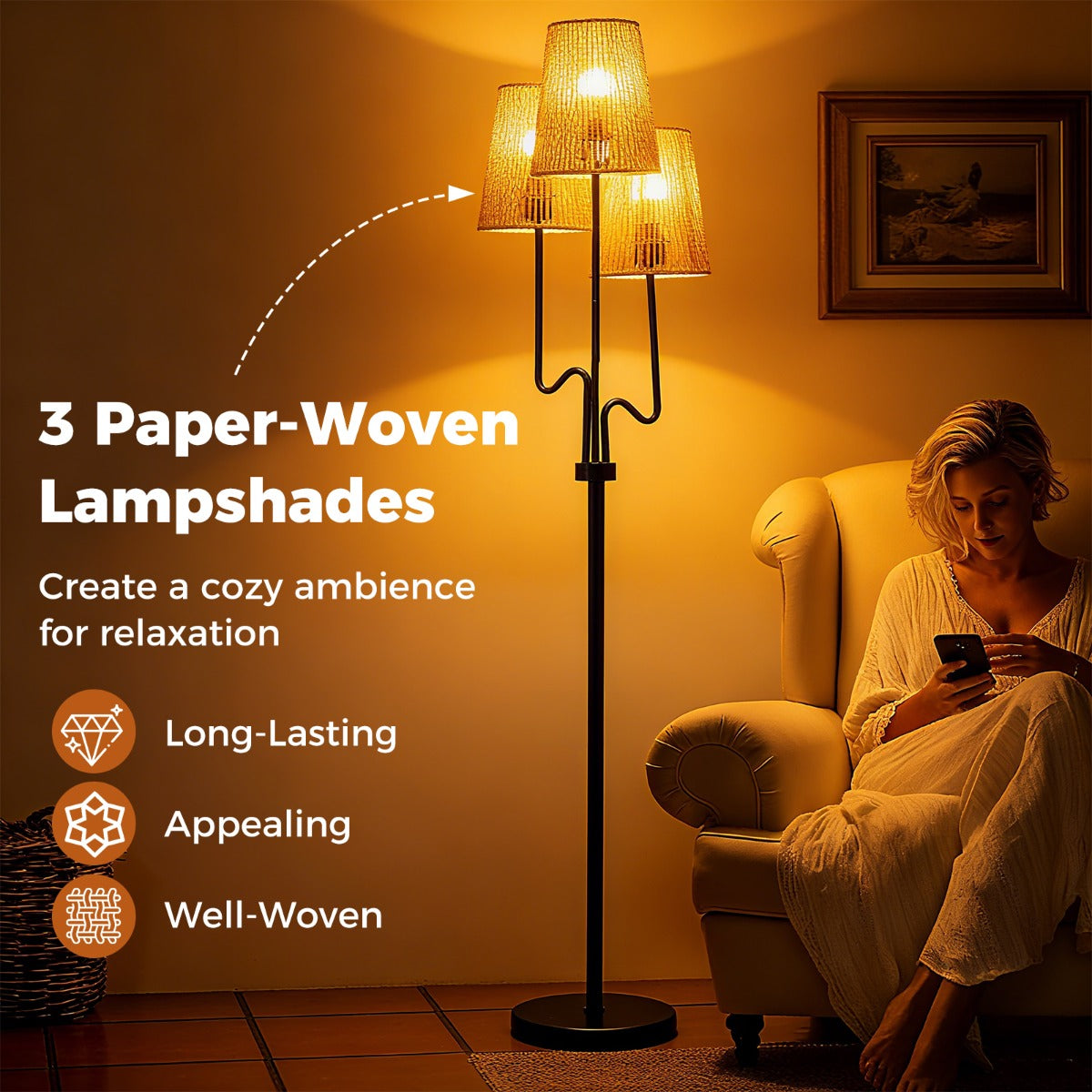 LIVSK Staande Lamp - 175 cm Hoog - Gevlochten Papier Lampenkappen - Zware Metalen Voet - Voetschakelaar - Zwart