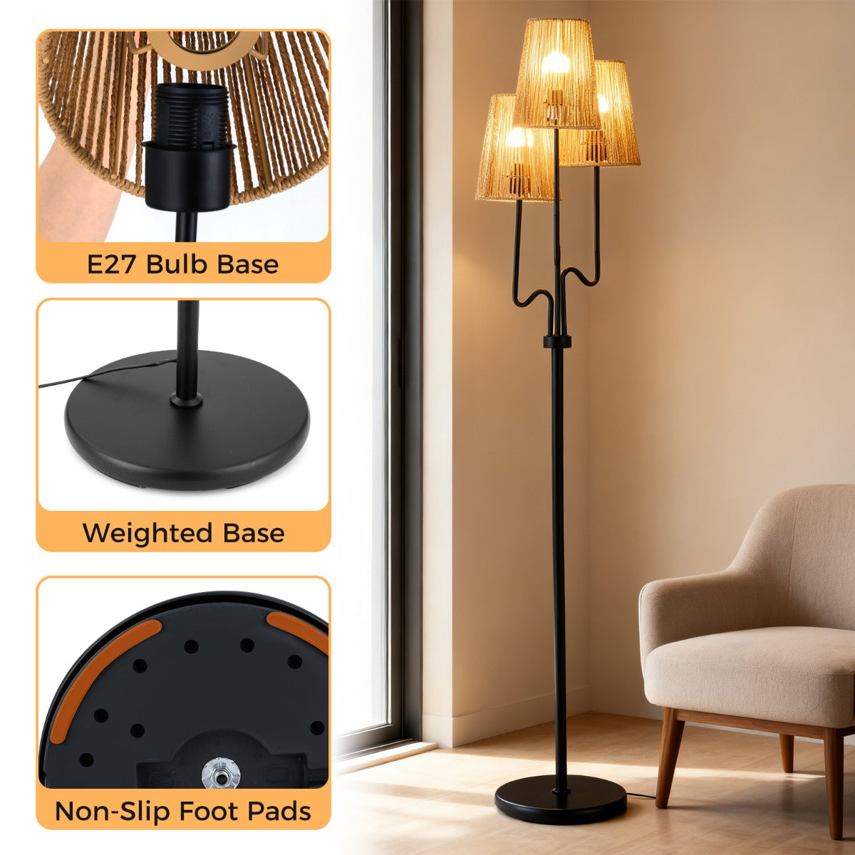 LIVSK Staande Lamp - 175 cm Hoog - Gevlochten Papier Lampenkappen - Zware Metalen Voet - Voetschakelaar - Zwart