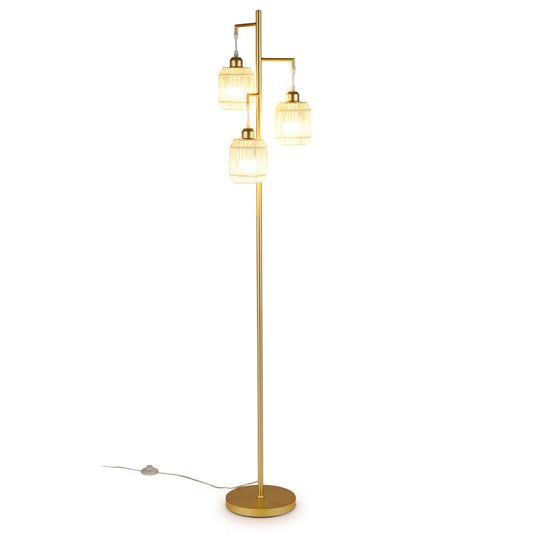 LIVSK Staande Lamp - 3 E27-fittingen - Elegante Lampenkappen - Voetschakelaar - Zwart/Goud