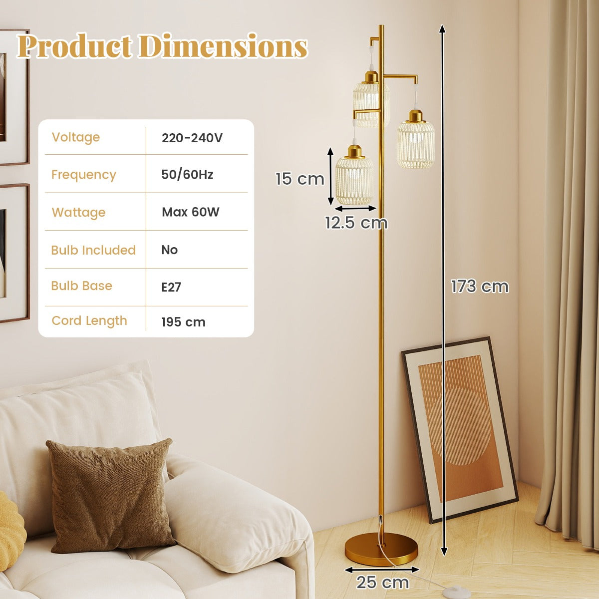 LIVSK Staande Lamp - 3 E27-fittingen - Elegante Lampenkappen - Voetschakelaar - Zwart/Goud