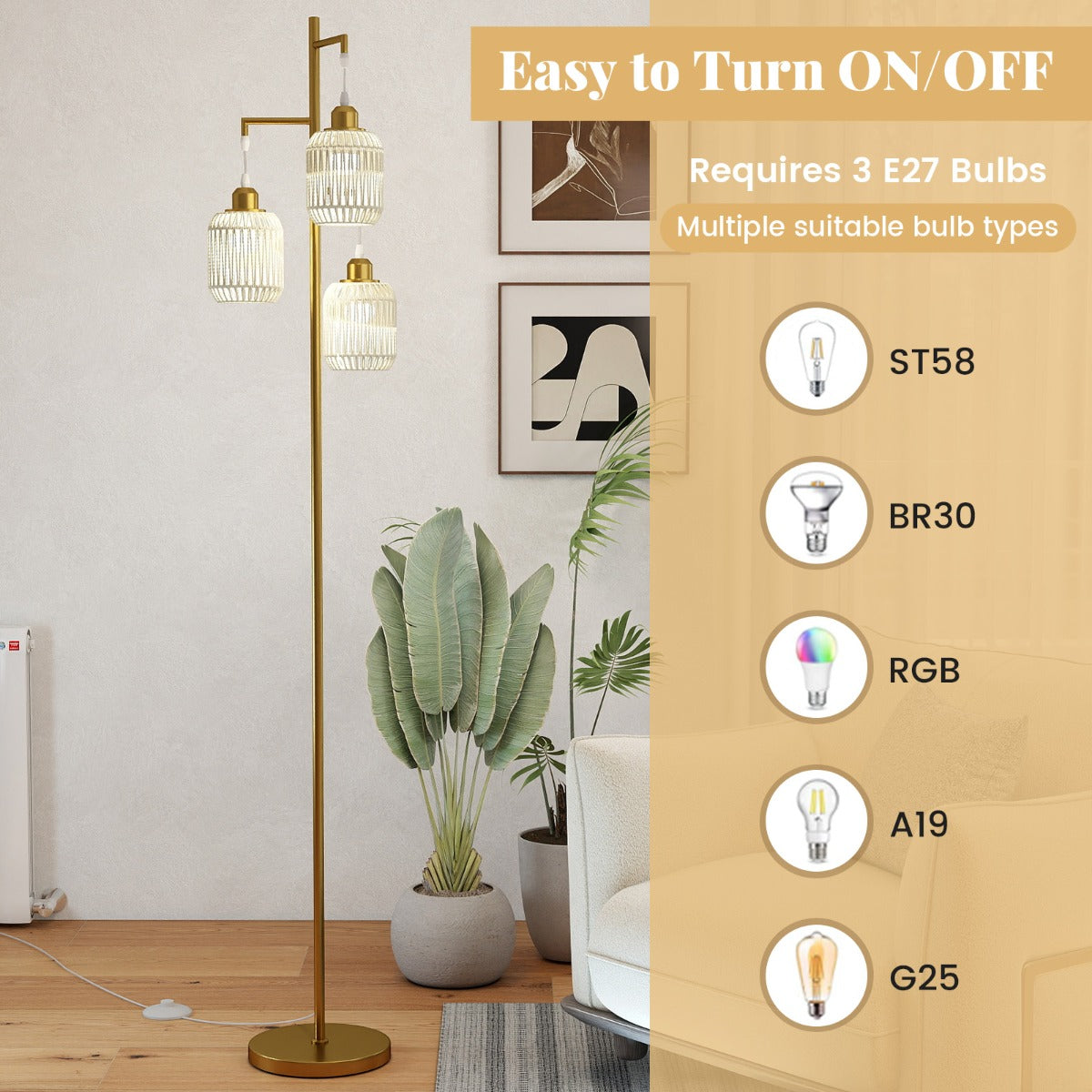 LIVSK Staande Lamp - 3 E27-fittingen - Elegante Lampenkappen - Voetschakelaar - Zwart/Goud