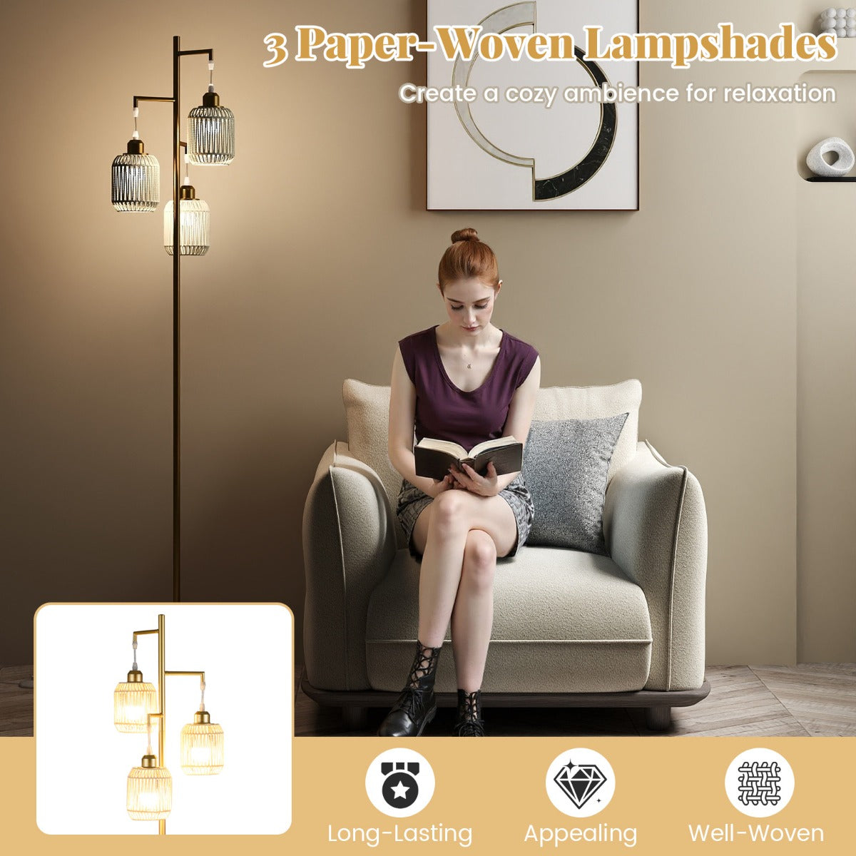LIVSK Staande Lamp - 3 E27-fittingen - Elegante Lampenkappen - Voetschakelaar - Zwart/Goud
