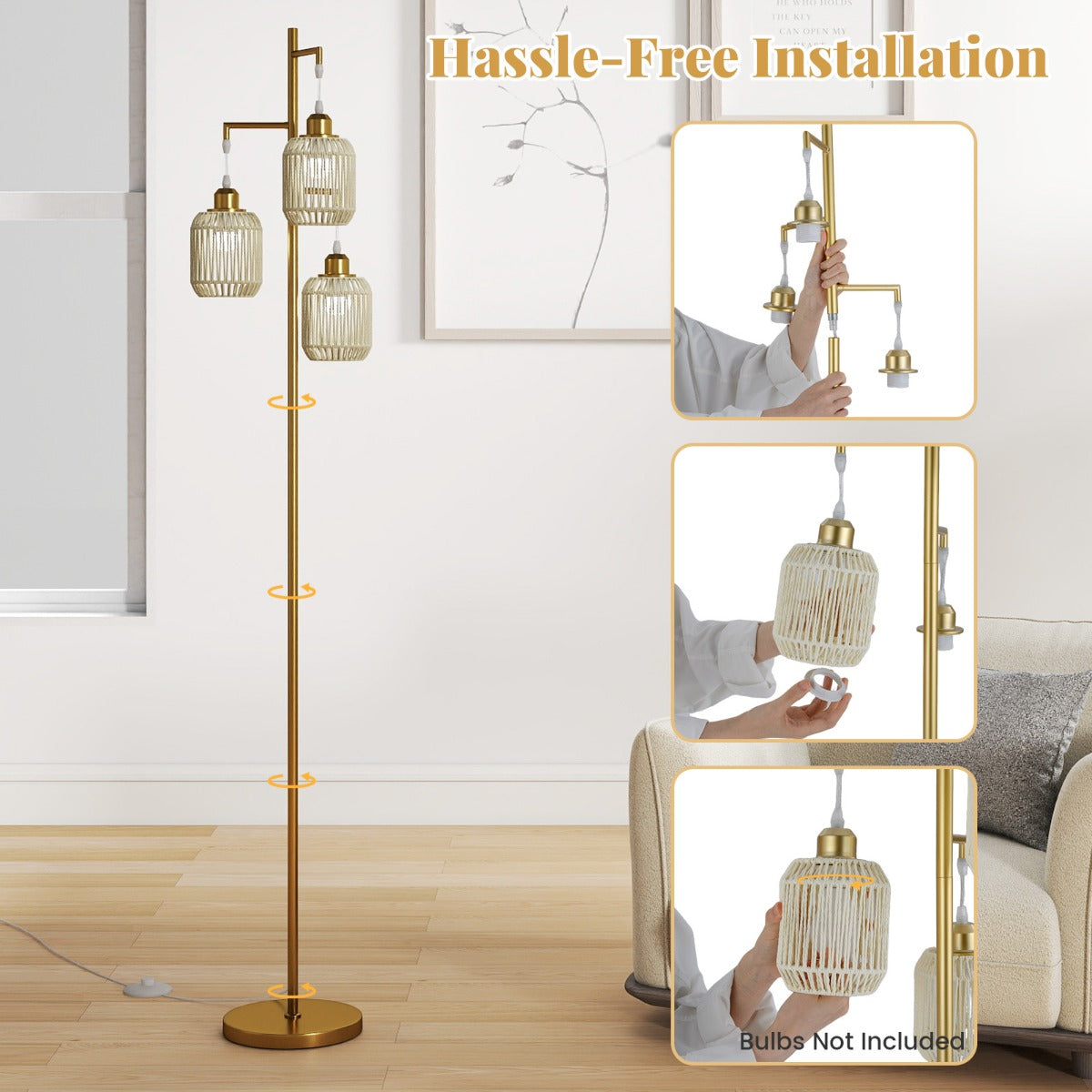 LIVSK Staande Lamp - 3 E27-fittingen - Elegante Lampenkappen - Voetschakelaar - Zwart/Goud