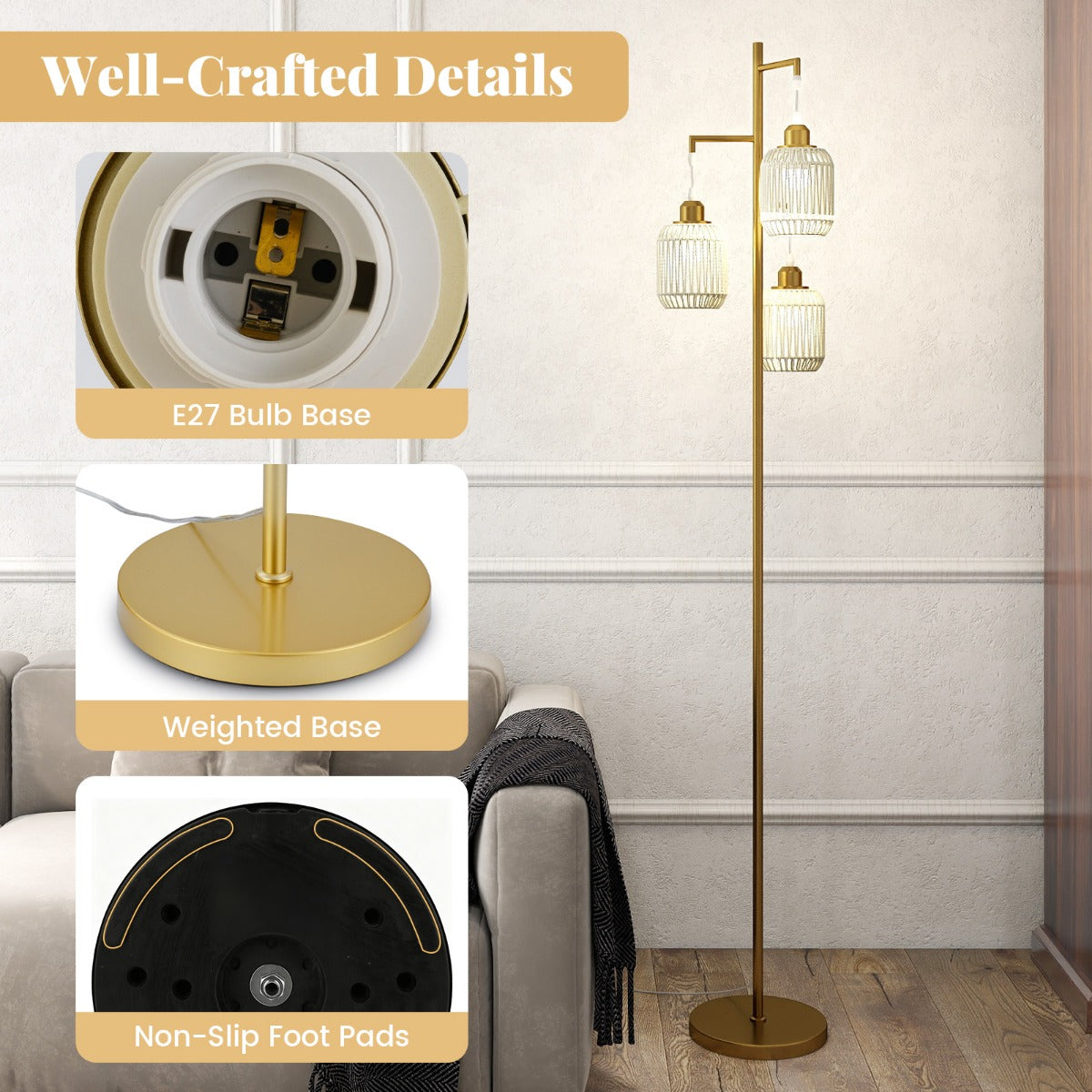 LIVSK Staande Lamp - 3 E27-fittingen - Elegante Lampenkappen - Voetschakelaar - Zwart/Goud