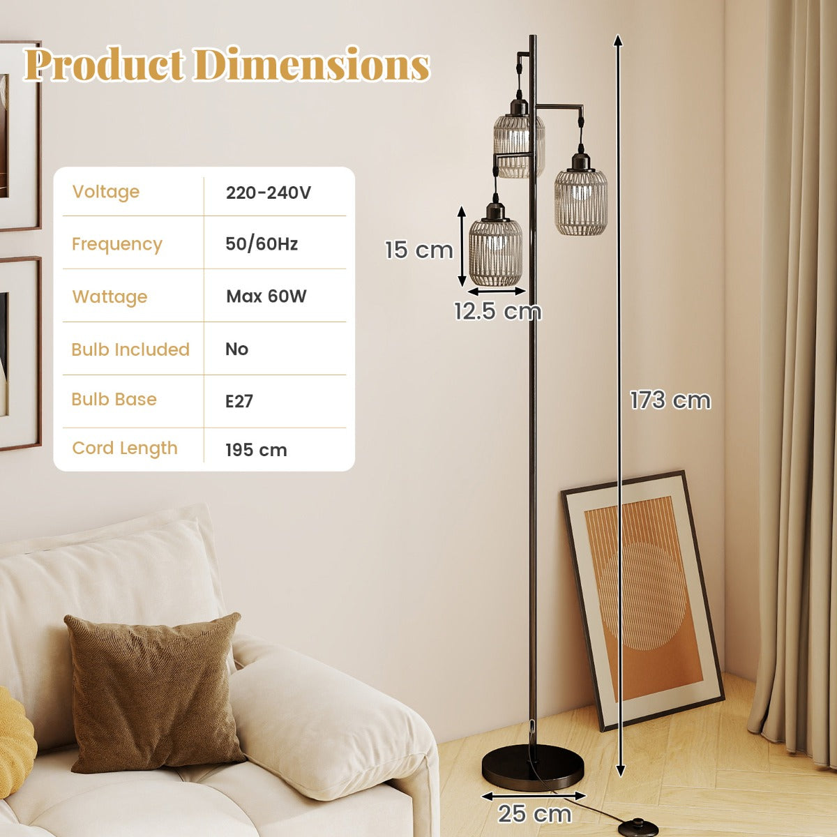 LIVSK Staande Lamp - 3 E27-Fittingen - Voetschakelaar - Stabiliteit met Metalen Voet - Zwart/Goud