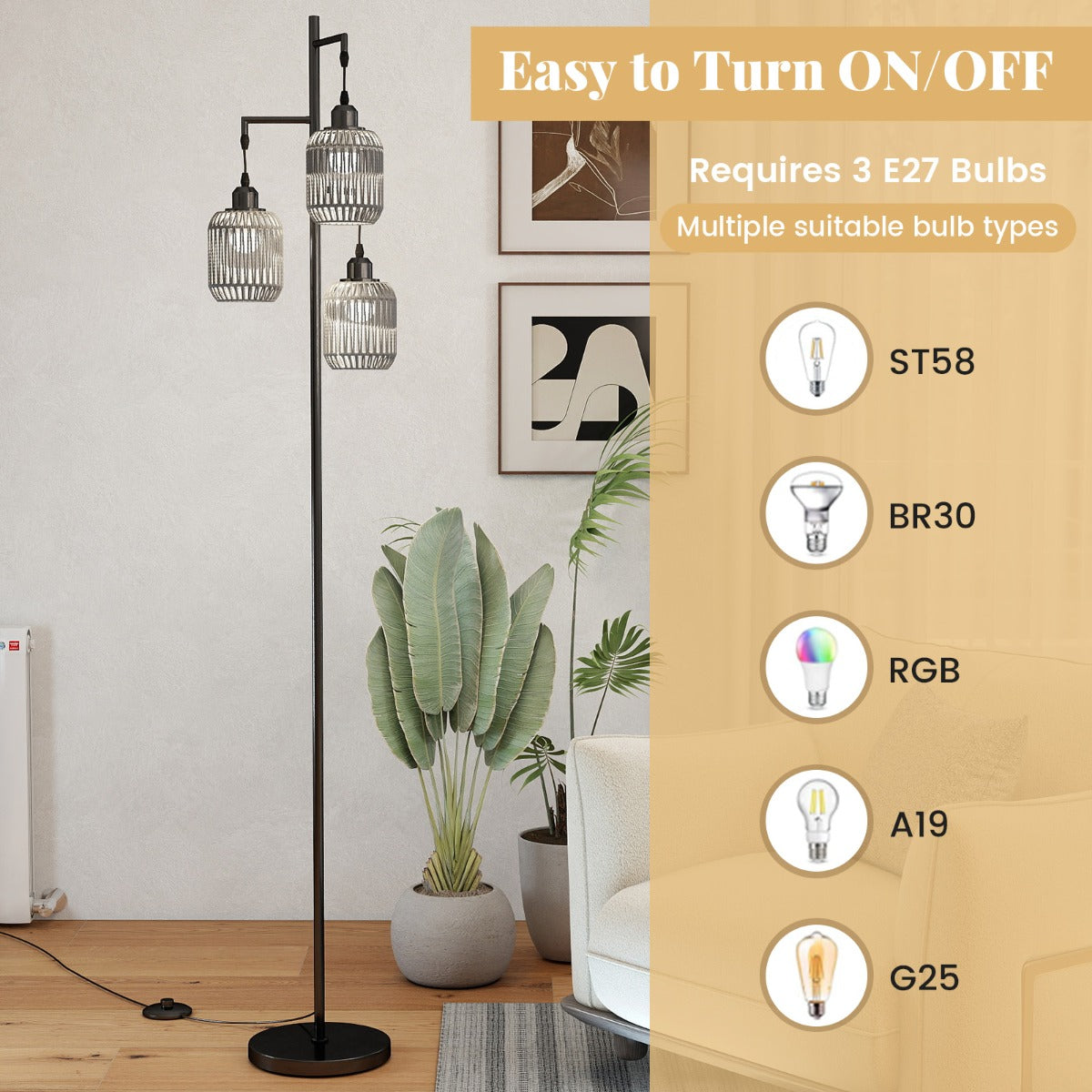 LIVSK Staande Lamp - 3 E27-Fittingen - Voetschakelaar - Stabiliteit met Metalen Voet - Zwart/Goud
