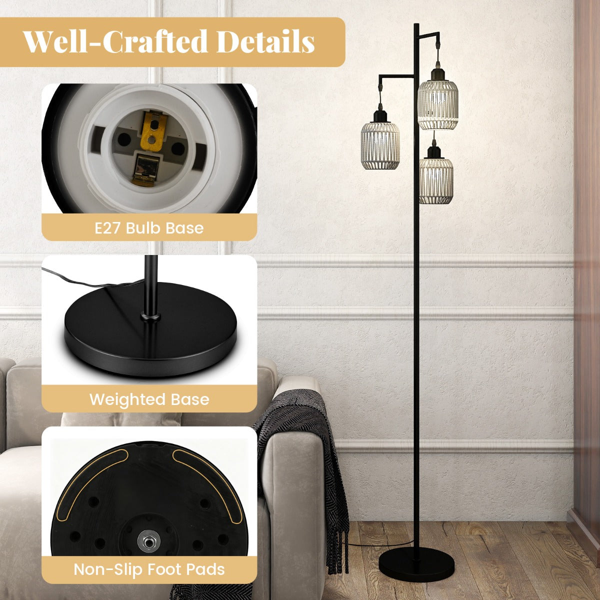 LIVSK Staande Lamp - 3 E27-Fittingen - Voetschakelaar - Stabiliteit met Metalen Voet - Zwart/Goud