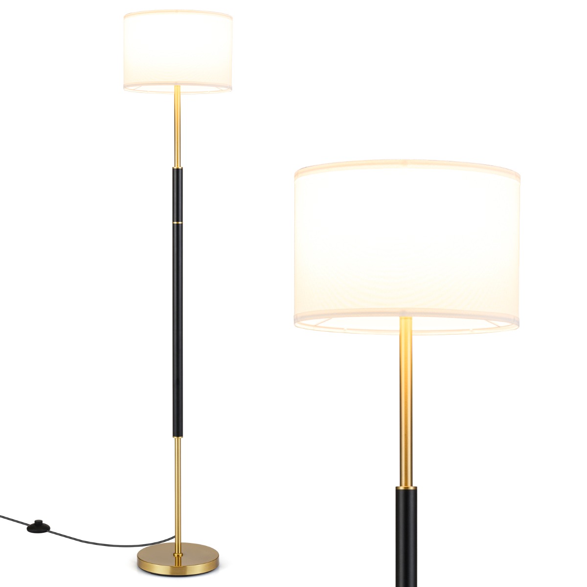 LIVSK Staande Lamp - Elegante Linnen Lampenkap - Voetschakelaar - Verzwaarde Voet - E27 Fitting - 165 cm - Zwart