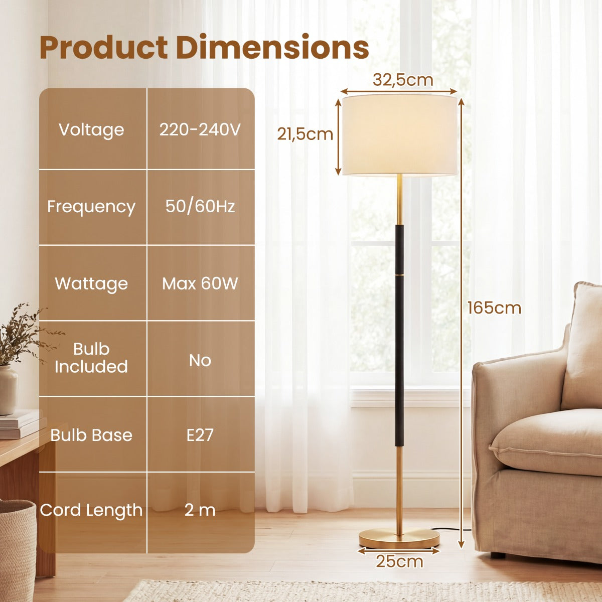 LIVSK Staande Lamp - Elegante Linnen Lampenkap - Voetschakelaar - Verzwaarde Voet - E27 Fitting - 165 cm - Zwart