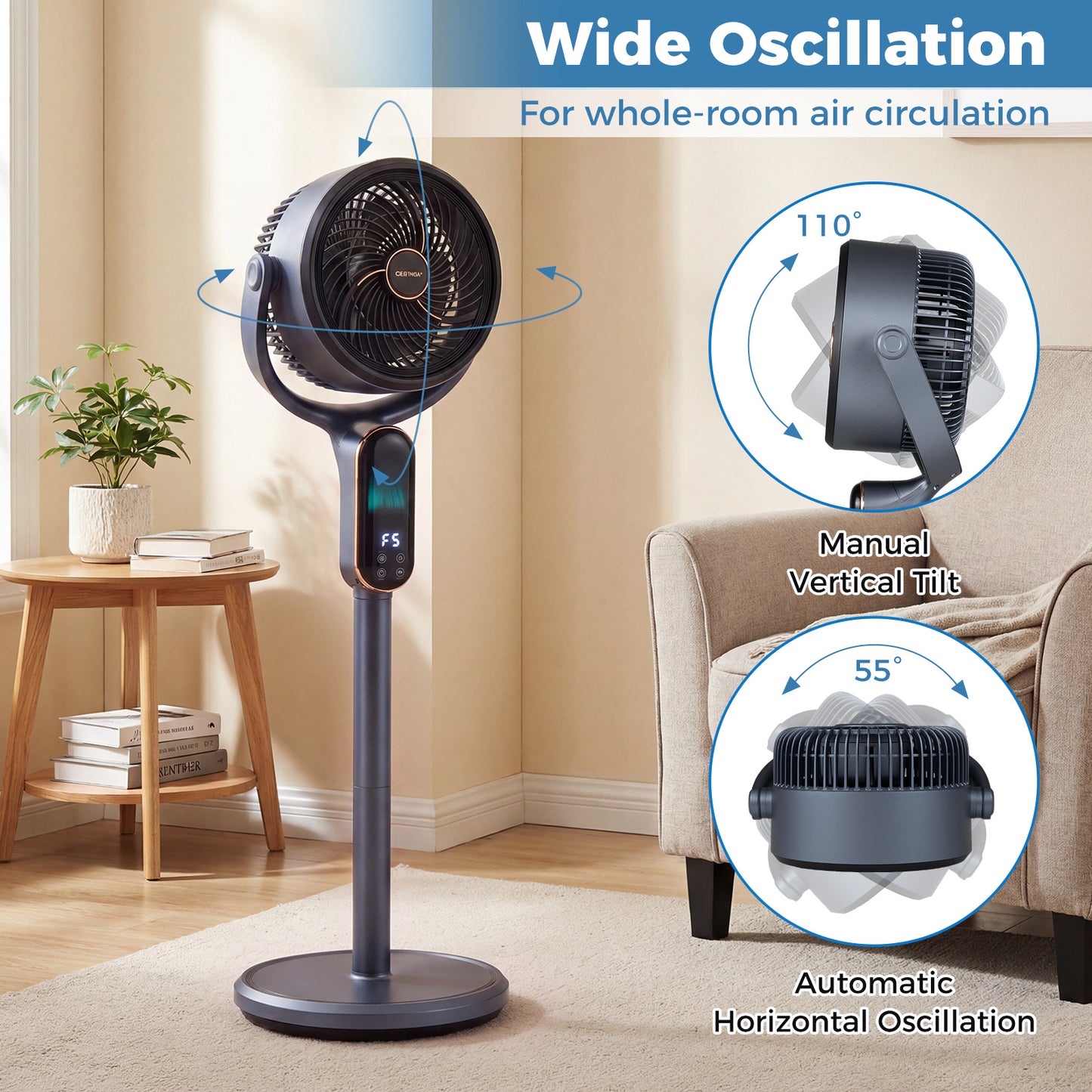 LIVSK Staande Ventilator - 8 Windkrachtstanden - Hoogte Verstelbaar - Eenvoudige Bedieningen - Grijs/Wit