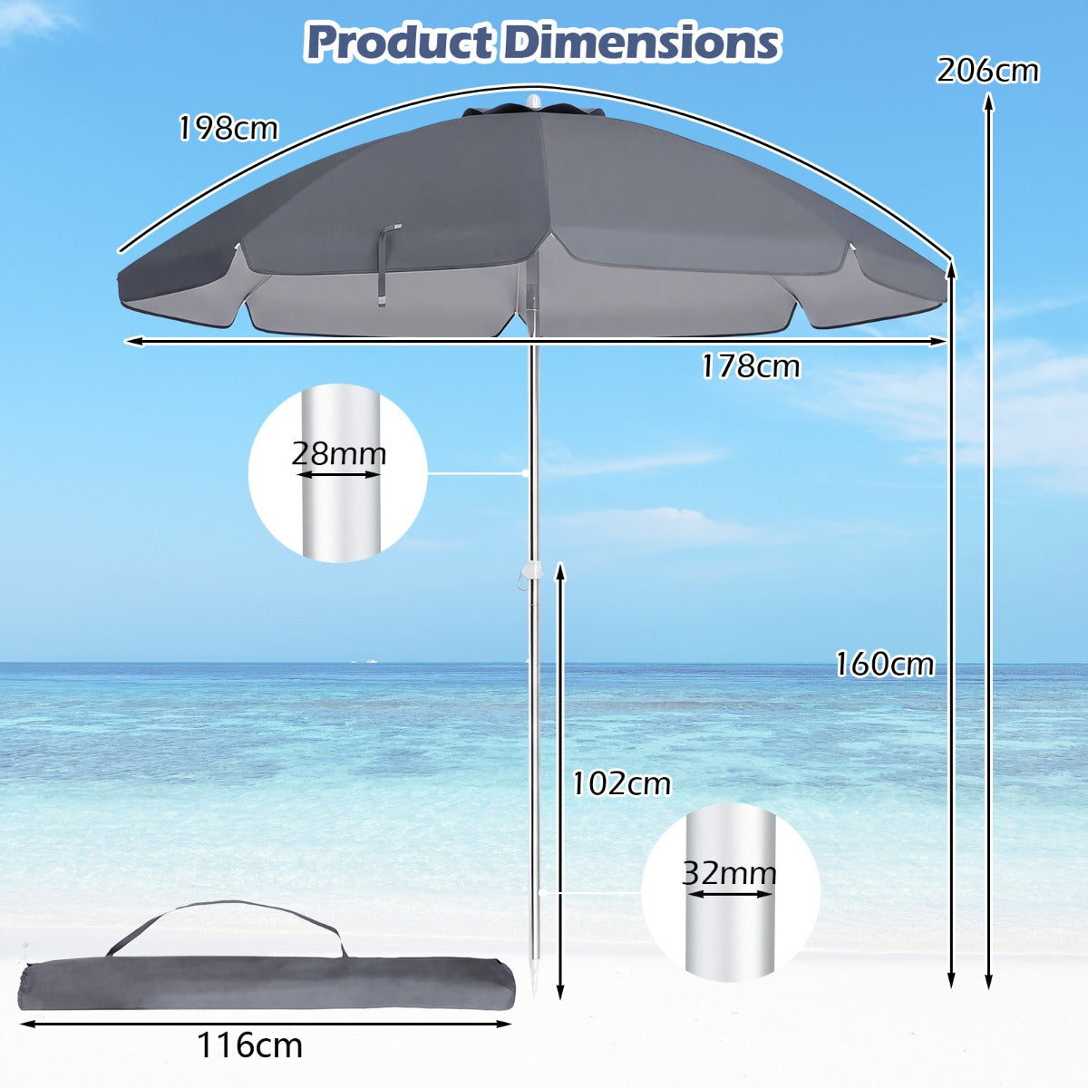 LIVSK Strandparasol - 198 cm Diameter - Kantelfunctie - Geïntegreerd Zandanker - Draagtas Inclusief - Grijs