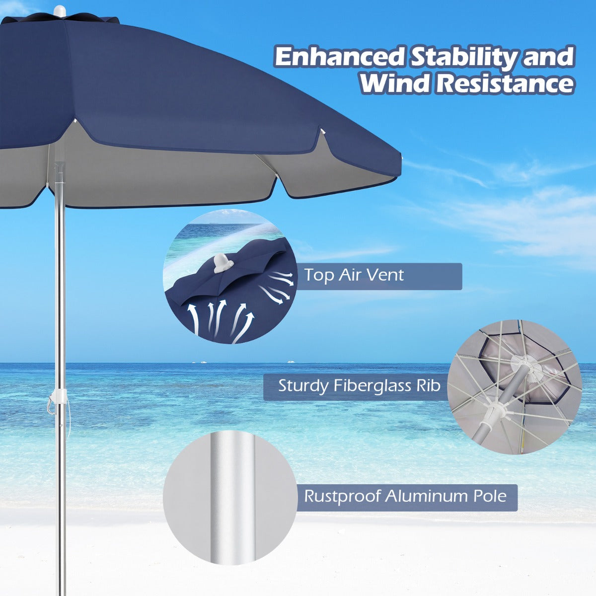 LIVSK Strandparasol - Hoogwaardige Polyester Kap - Eenvoudige Hoekverstelling - Geïntegreerd Zandanker - Blauw