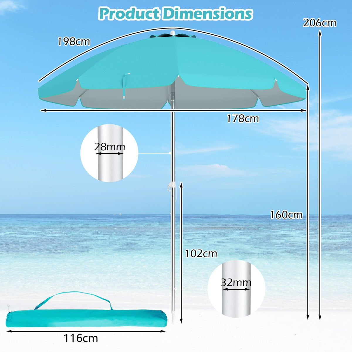 LIVSK Strandparasol - UV-beschermend Doek - Verstelbare Kantelfunctie - Ingebouwd Zandanker - Lichtgewicht Blauw
