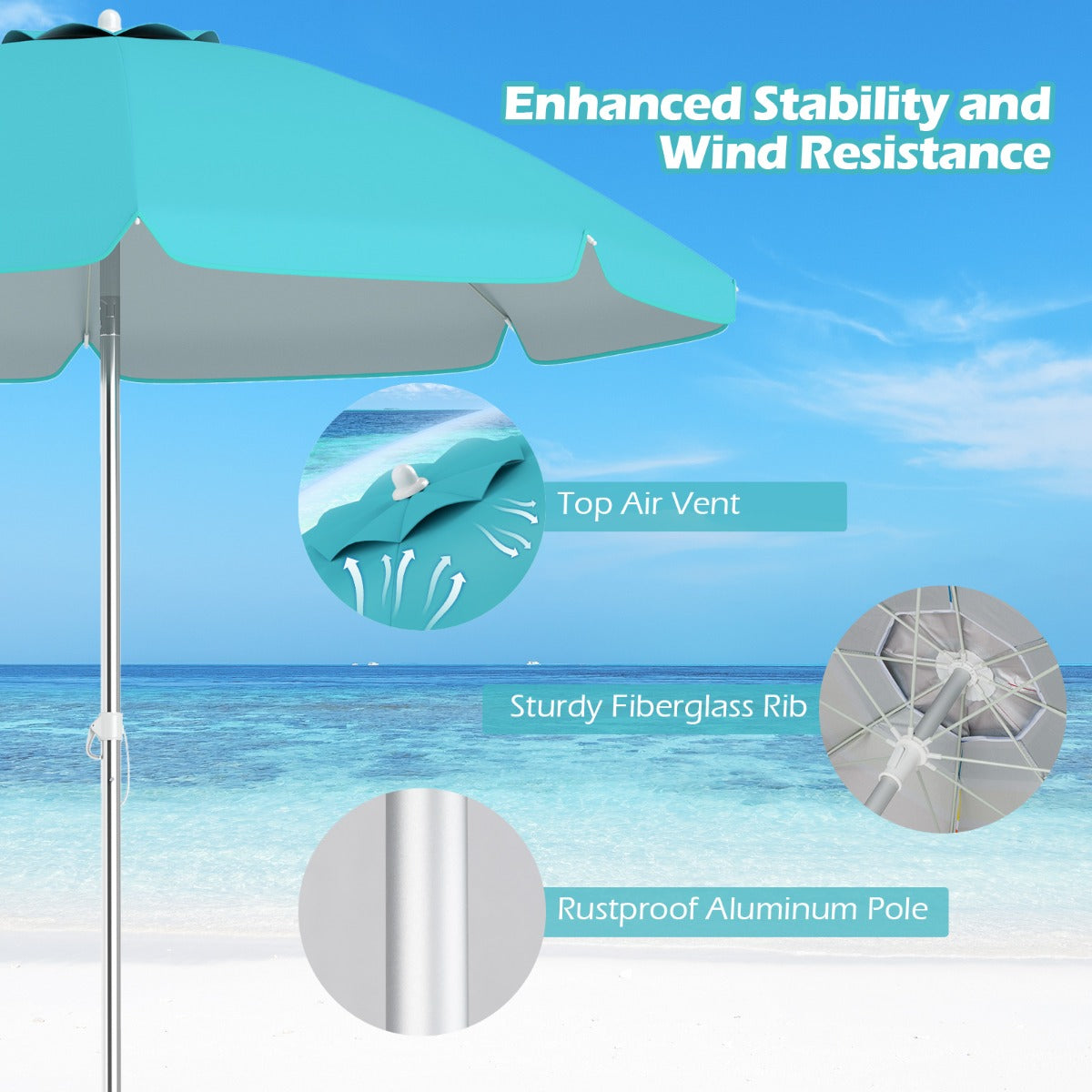 LIVSK Strandparasol - UV-beschermend Doek - Verstelbare Kantelfunctie - Ingebouwd Zandanker - Lichtgewicht Blauw