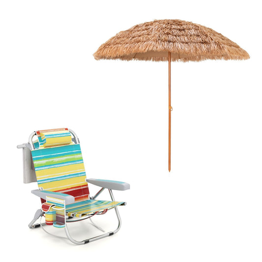 LIVSK Strandstoel en Parasol Combinatie - Verstelbare Rugleuning - Opvouwbaar - Waterdicht - Voor Buiten - Blauw / Groen / Natuur