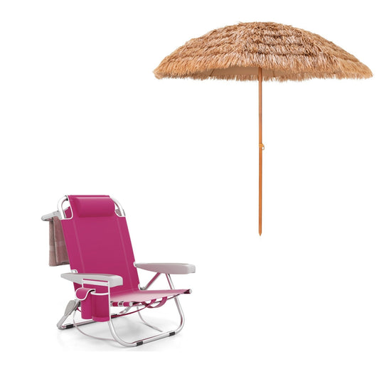 LIVSK Strandstoel en Parasol Set - Verstelbare Rugleuning - Duurzaam Aluminium - Inclusief Bekerhouder - Blauw en Natuur