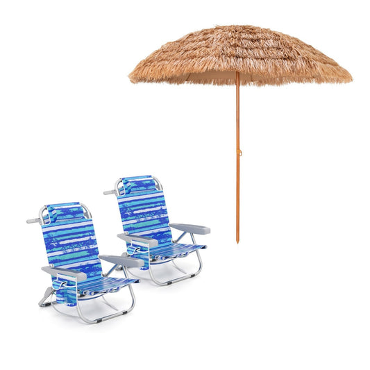LIVSK Strandstoel en Parasol Set - Verstelbare Rugleuning - Opvouwbaar en Draagbaar - Robuuste Materialen - Blauw/Natuur