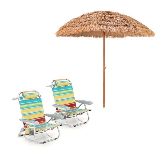 LIVSK Strandstoel en Parasol Set - Verstelbare Rugleuning - Opvouwbaar Ontwerp - Duurzame Materialen - Blauw en Natuur