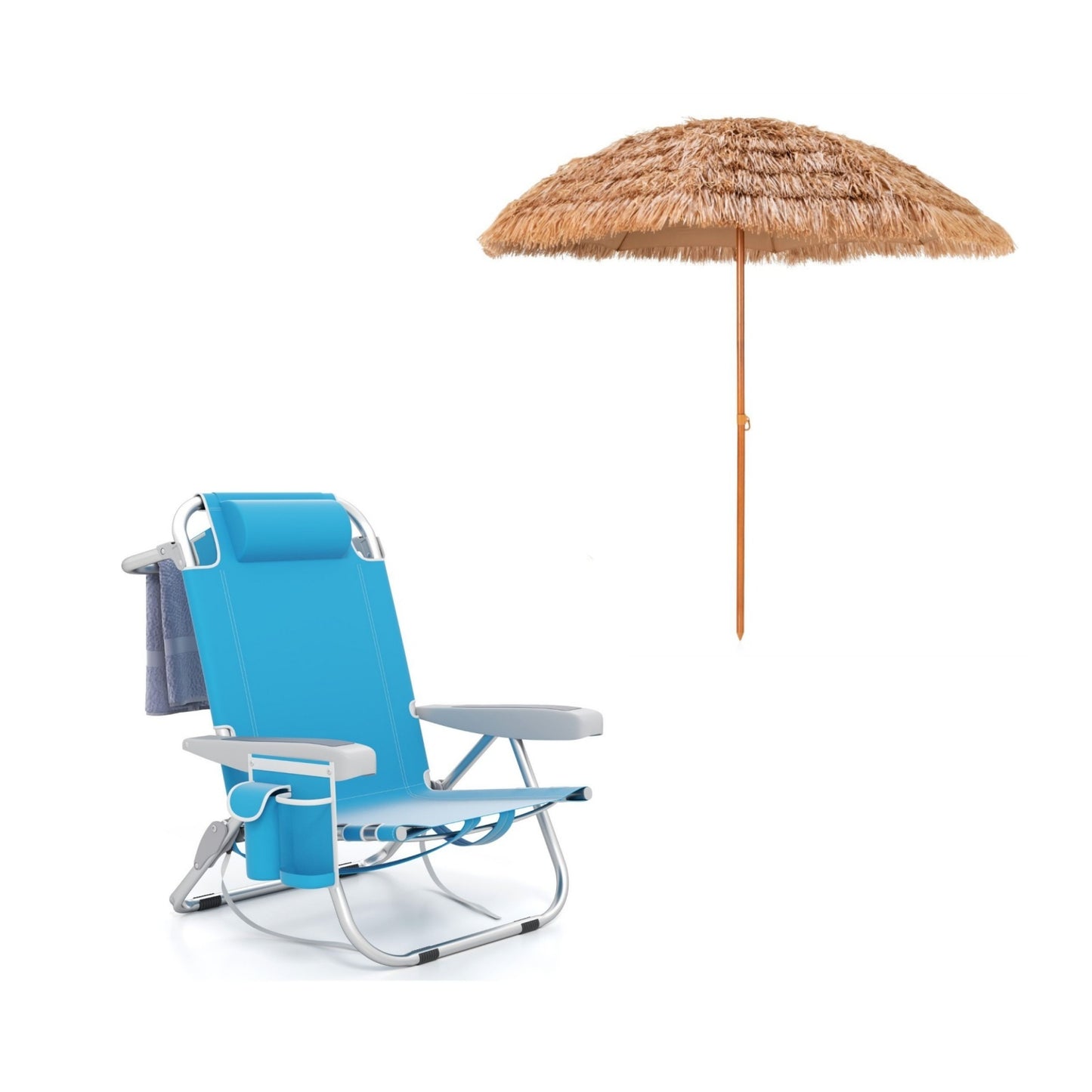 LIVSK Strandstoel en Parasol Set - Verstelbare Rugleuning - Opvouwbaar - Waterdicht Aluminium - Blauw en Natuur