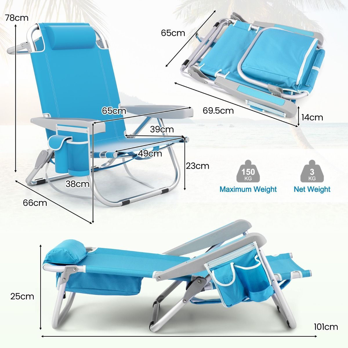 LIVSK Strandstoel en Parasol Set - Verstelbare Rugleuning - Opvouwbaar - Waterdicht Aluminium - Blauw en Natuur