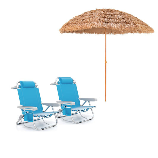 LIVSK Strandstoel en Parasol Set - Verstelbare Rugleuning - Opvouwbaar - Waterdicht - Inclusief Bekerhouder - Blauw/Natuur