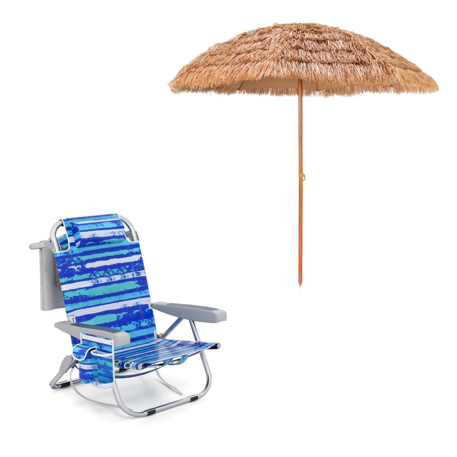 LIVSK Strandstoel en Parasol Set - Verstelbare Rugleuning - Waterdichte Oxford-stof - Draagbaar - Blauw/Natuur