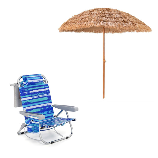 LIVSK Strandstoel en Parasol Set - Verstelbare Rugleuning - Waterdichte Oxford-stof - Draagbaar - Blauw/Natuur