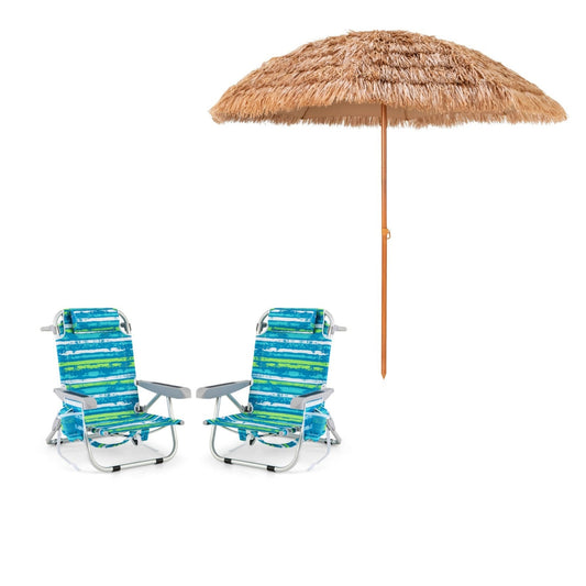 LIVSK Strandstoel en Parasol - Verstelbare Rugleuning - Opvouwbaar en Draagbaar - Waterdicht Materiaal - Blauw en Natuur