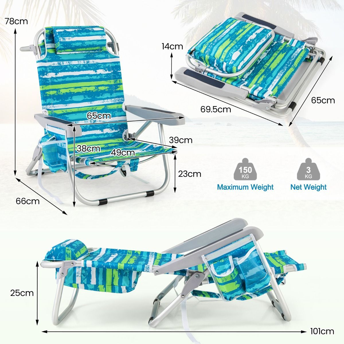 LIVSK Strandstoel en Parasol - Verstelbare Rugleuning - Opvouwbaar en Draagbaar - Waterdicht Materiaal - Blauw en Natuur