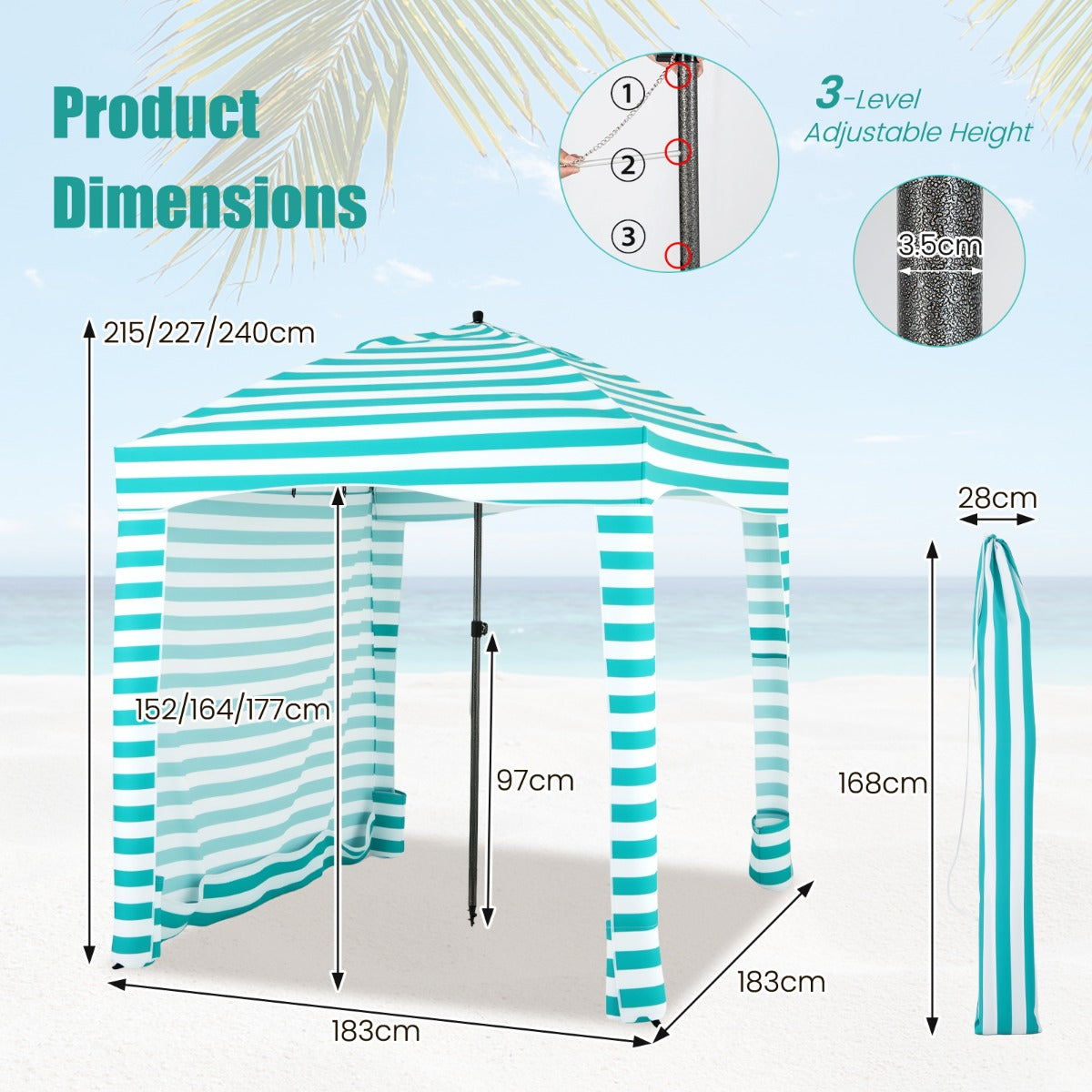 LIVSK Strandtent - 3,5 m² Schaduw - UPF50+ Polyester - Verstelbare Hoogte - Inclusief Draagtas - Groen en Wit