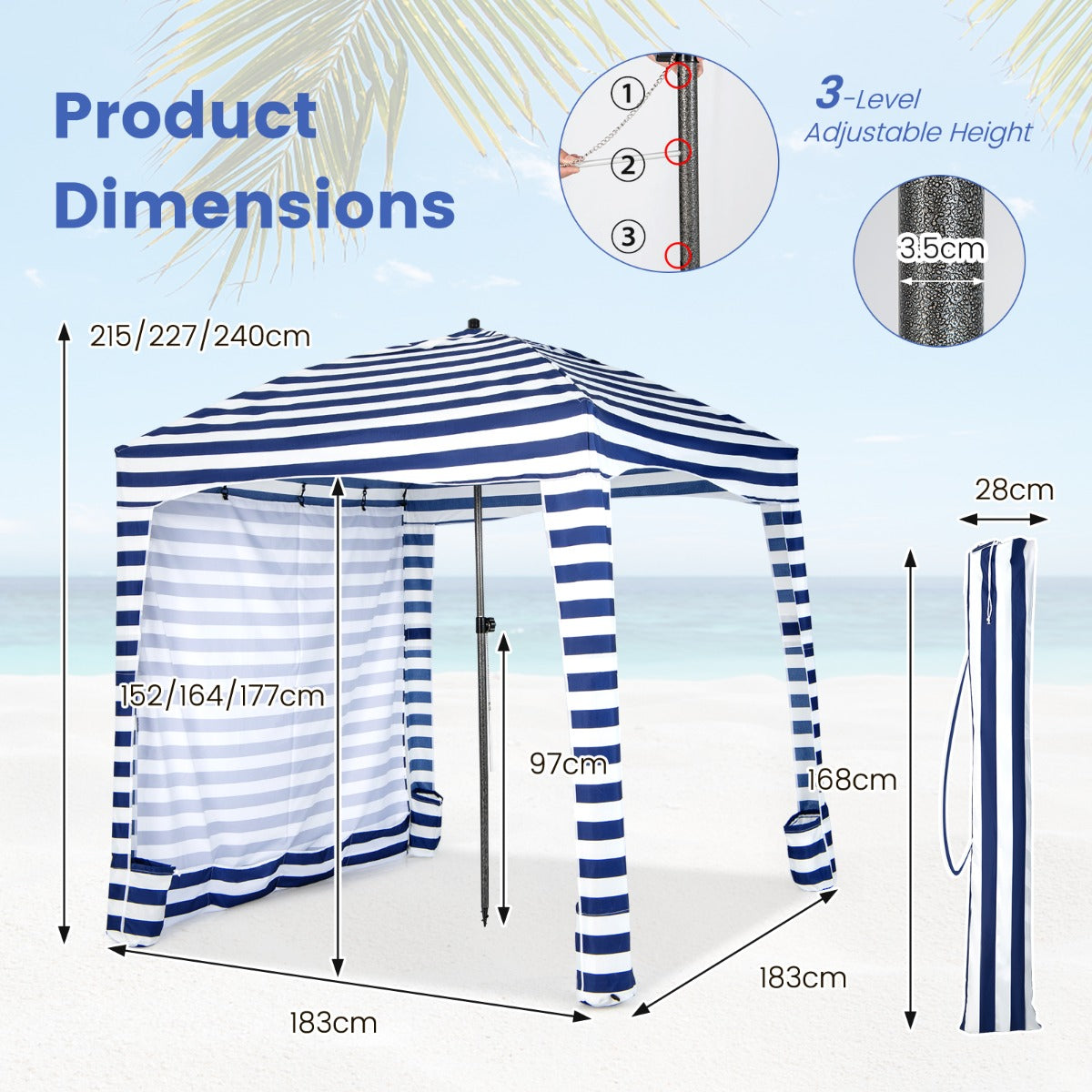 LIVSK Strandtent met Afneembare Zijwand - 3,5 m² Schaduw - Verstelbare Hoogte - 8 Zandzakken - Lichtgewicht Blauw