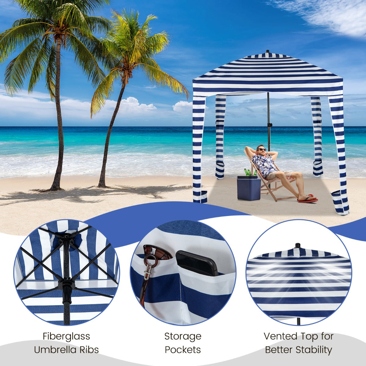 LIVSK Strandtent met Afneembare Zijwand - 3,5 m² Schaduw - Verstelbare Hoogte - 8 Zandzakken - Lichtgewicht Blauw